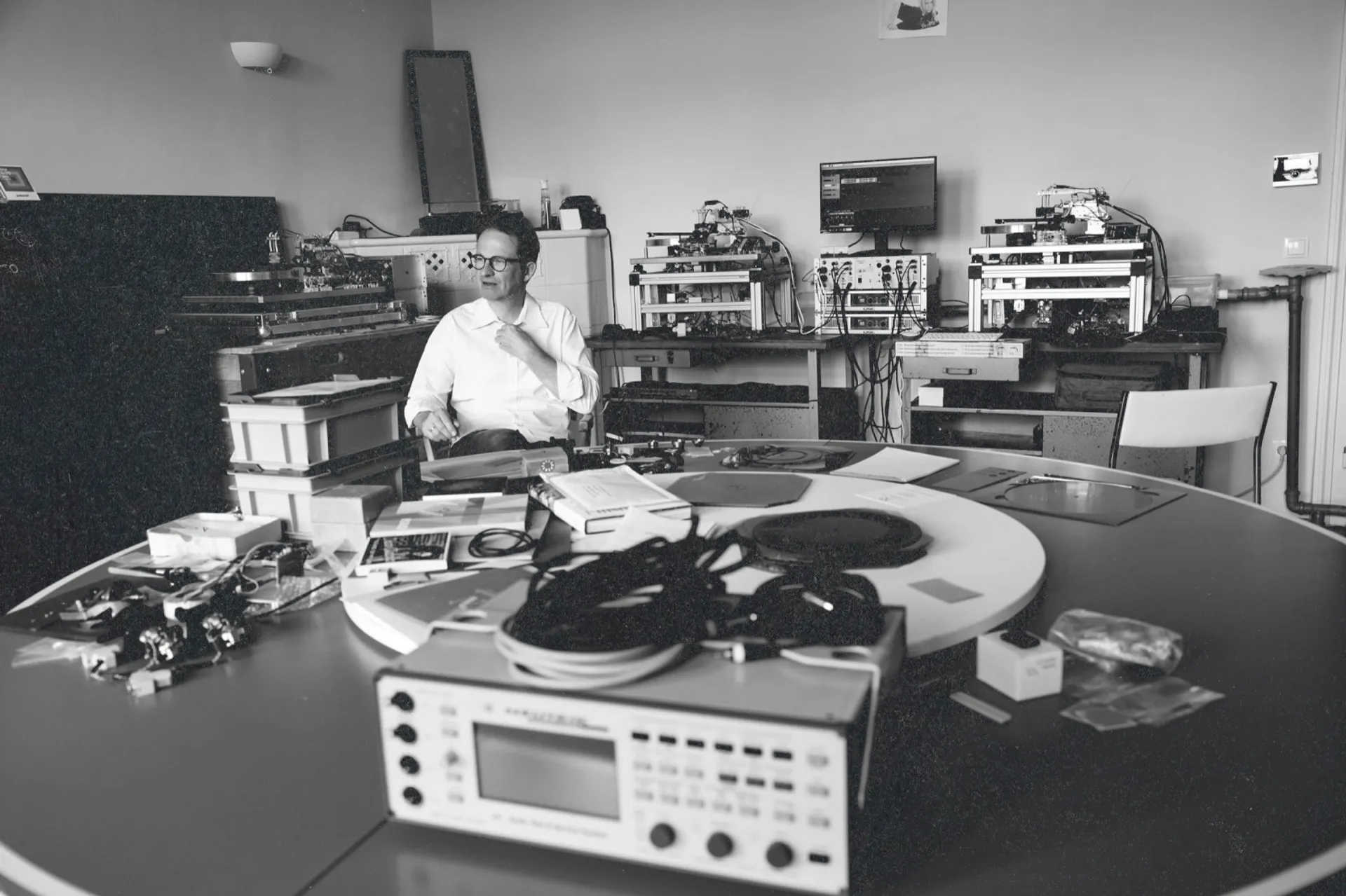 Doc at the PHONOCUT development studio, surrounded by recording equipment